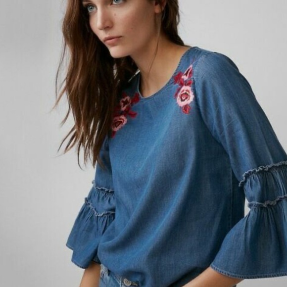 Express Tops - Express Chambray Boho Floral Embroidered 3/4 Bell Sleeve Top